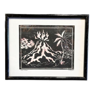 Mid-Century "Hawaii Volcano" Woodblock Print by M. Van Dorn in Black Frame For Sale