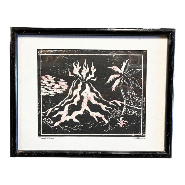 Mid-Century "Hawaii Volcano" Woodblock Print by M. Van Dorn in Black Frame For Sale