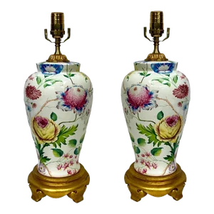 Porcelain Ginger Jar Form Hand Painted Floral / Botanical Table Lamps Att. Chelsea House - Pair