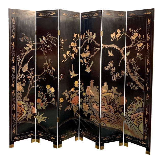 Chinese 6 Panel Carved Black Lacquered Coromandel Screen Room Divider