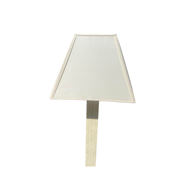 Vintage Mid Century Modern 1970s Tessellated Tile and Brass Floor Lamp Colombia Silk Shade For Sale - Image 4 of 12