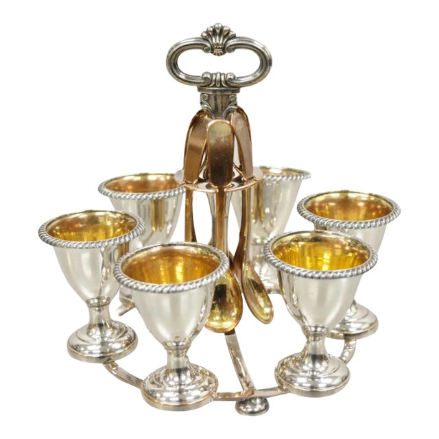 Antique Victorian Silver Plated Egg Server With Spoon Set - Serving for 6 For Sale
