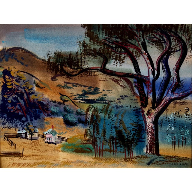 Substantial and period mid-century modern American Scene watercolor of the Oakland, California countryside by Erle Loran...