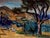 Substantial and period mid-century modern American Scene watercolor of the Oakland, California countryside by Erle Loran...