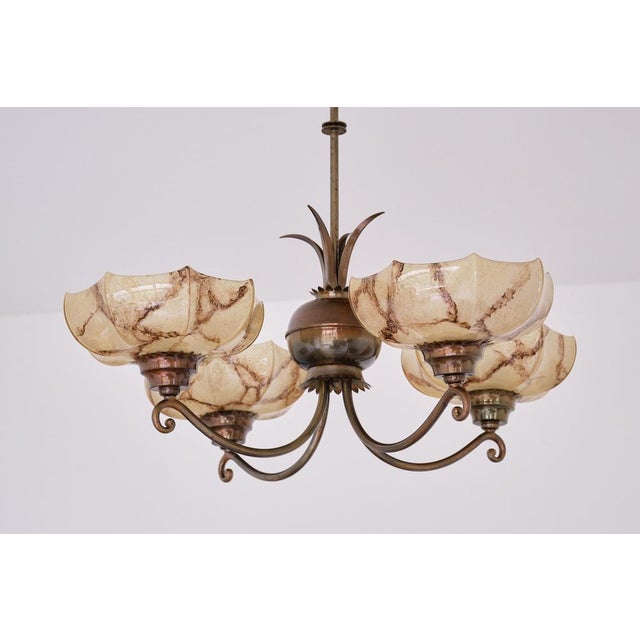 Vintage Swedish Hanging Light in Brass and Marbled Glass, 1927 For Sale - Image 13 of 18