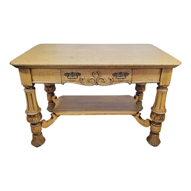 19th C Antique American Arts & Crafts Carved Oak Library Table Desk For Sale