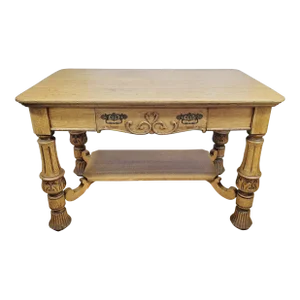 19th C Antique American Arts & Crafts Carved Oak Library Table Desk