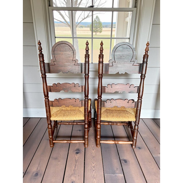 Pair Antique Victorian Carved Ladder Back Chairs-Rush Seat-Hall-19th C-Colonial For Sale - Image 6 of 12