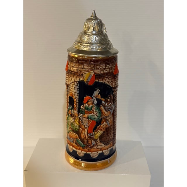 Gothic Vintage Gerz West Germany Medieval Relief Beer Stein With Pewter Lid – 9.5” For Sale - Image 3 of 12