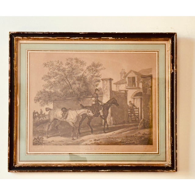 A handsome and atmospheric pair of French antique sporting engravings featuring classic equestrian scenes with riders,...