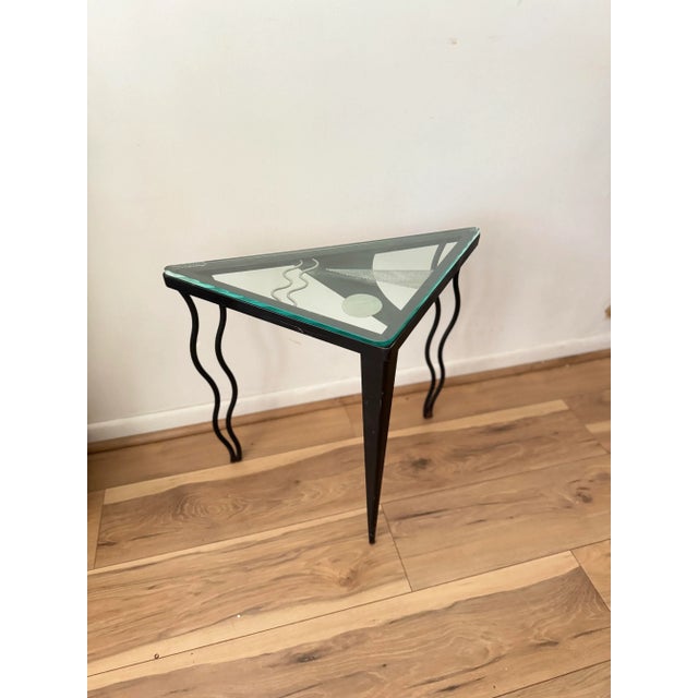 Black 1980s Geometric Wrought Iron Side Table With Glass Top – Signed For Sale - Image 8 of 9