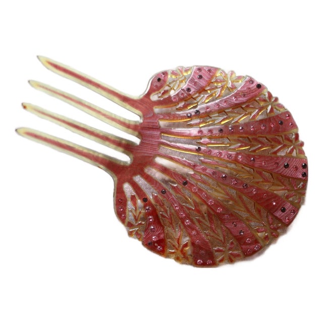 Rhinestone and Celluloid Art Deco Comb - Hair comb - shell comb - pink comb - hairstyle - pink rhinestone comb - celluloid comb - seashell For Sale