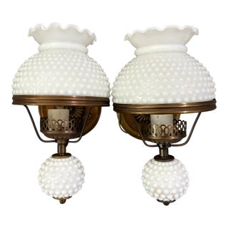 Mid 20th Century Pair of Mid-Century Hobnail Milk Glass Wall Sconces With Brass Hardware Lavery & Co Underwriters Laboratories For Sale