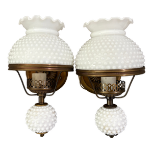 Mid 20th Century Pair of Mid-Century Hobnail Milk Glass Wall Sconces With Brass Hardware Lavery & Co Underwriters Laboratories