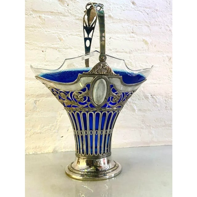 French Antique 19th Century Silver Plate Flower Basket With Glass Insert For Sale - Image 3 of 12