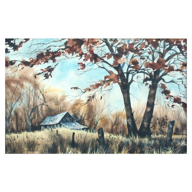 Mid Century Rural Farmhouse Landscape Watercolor with Barn Beautiful mid century landscape watercolor of a farmhouse...