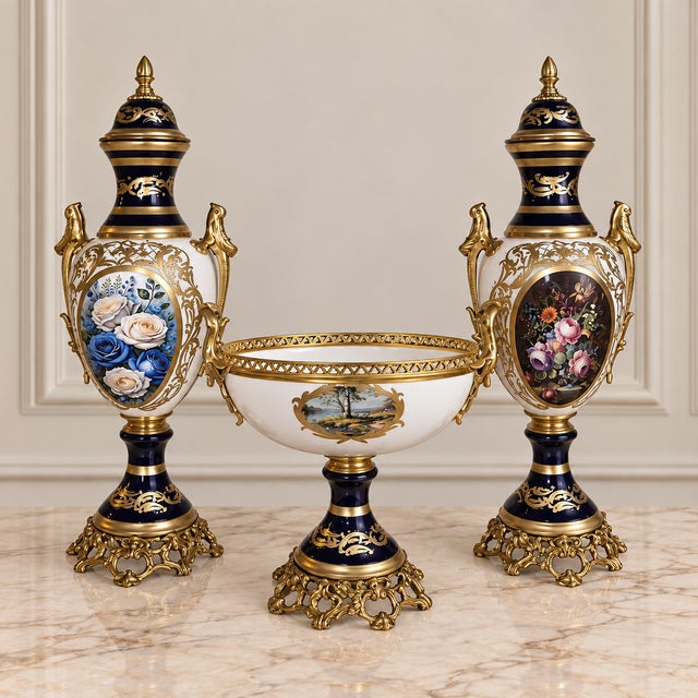 Elegant three-piece French-style porcelain garniture set featuring two matching covered vases and a coordinating central...