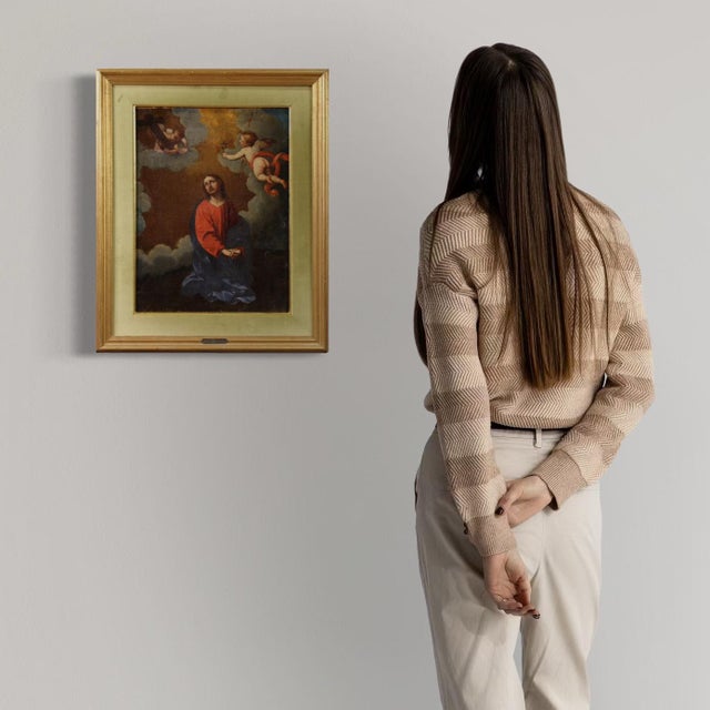 Antique Italian painting from the late 17th/early 18th century. Oil on canvas artwork depicting Christ with angels and...