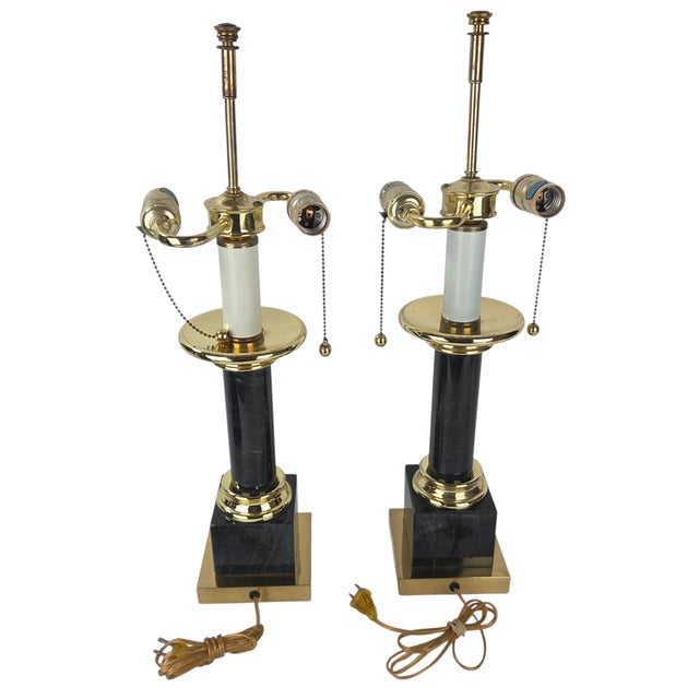 1980s Brass & Black Marble Neoclassical Column Table Lamps, a Pair For Sale In Chicago - Image 6 of 14