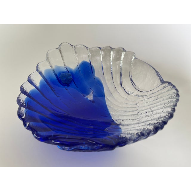 Cobalt blue and transparent textured art glass seashell form bowl sculpture Made in Italy, c. 1980's.