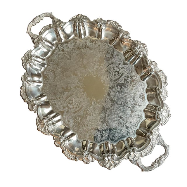 Mid 20th Century Silverplated Butler’s Buffet Serving Platter Tray W Handles Ornate For Sale - Image 4 of 12