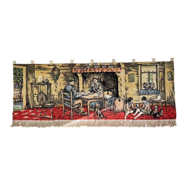Large Vintage Belgian Jacquard Woven Wall Tapestry, Family Cottage Scene, 70" For Sale