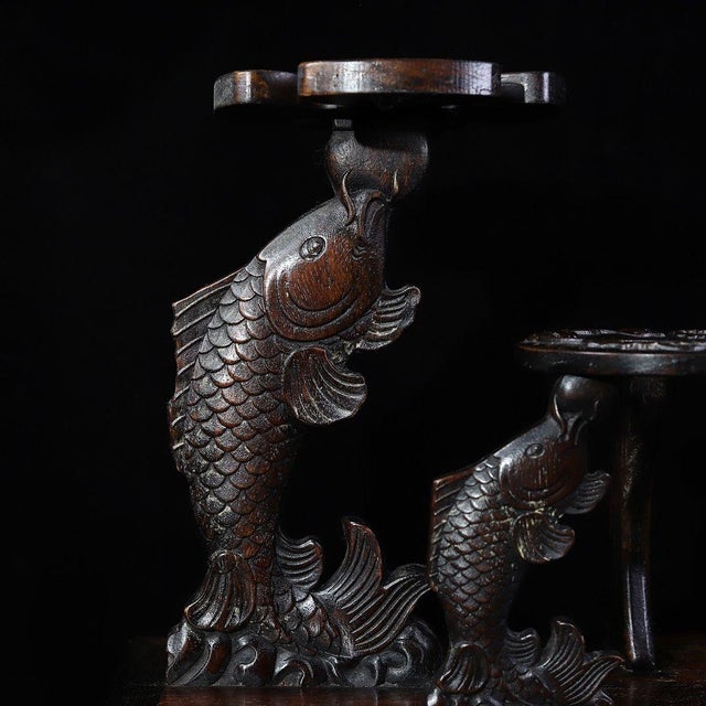 Mid 20th Century Vintage Chinese Huali Rosewood Wine Rack | Carved Lotus & Carp Motif Display Stand For Sale - Image 5 of 9