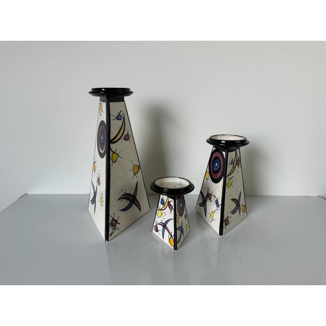 1990s Postmodern - Style Michael Anthony Hand Painted Art Ceramic Candle Holders - Set of 3/ Sold For Sale - Image 10 of 11