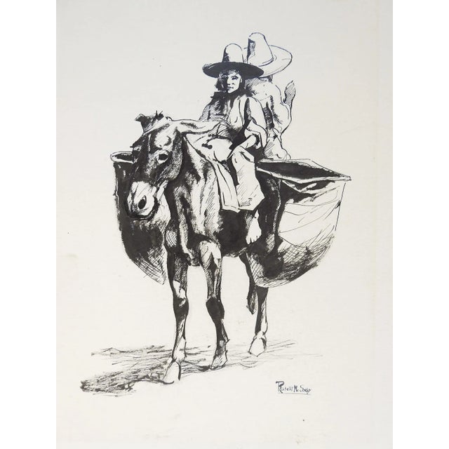 Vintage Illustration Children Riding Donkey Drawing For Sale - Image 4 of 4