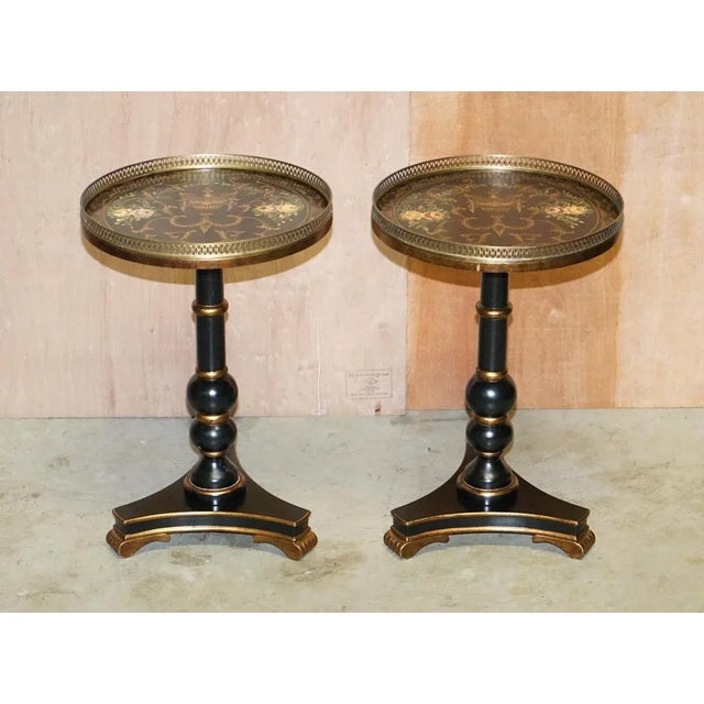 Stunning pair of hand painted tilt top side tables with brass gallery rails A very good looking and decorative pair of...