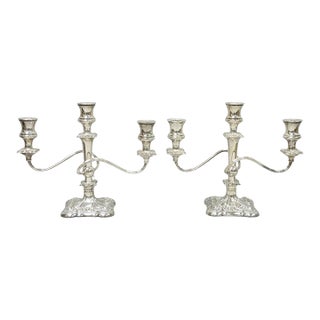 Antique e.g. Webster Victorian Silver Plated Scrolling 3 Arm Candelabra - A Pair For Sale