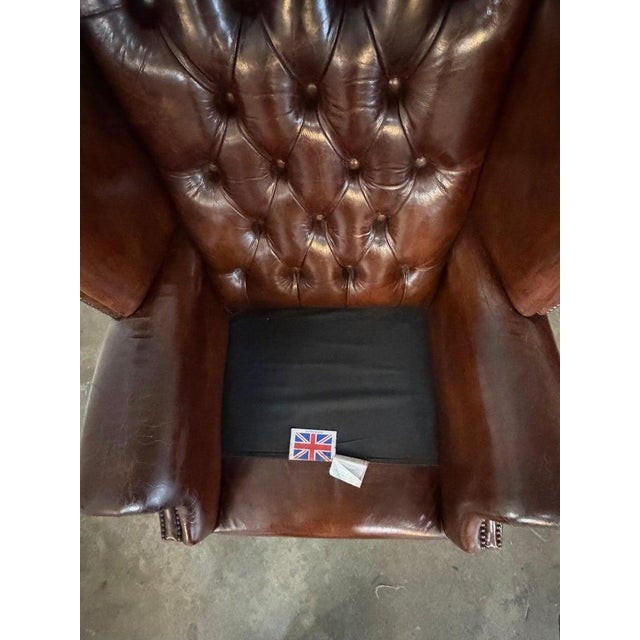 Pair of Vintage English Tufted Leather Wingback Armchairs For Sale - Image 10 of 15