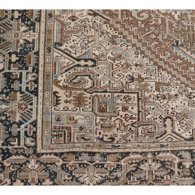 Persian Antique Heriz Rug With Geometric Design in Blue's, Tan, Cream, and Brown 11'5 X 14'7 For Sale - Image 11 of 17