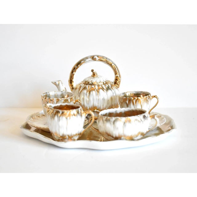 Victorian Antique Gold & White Porcelain Flower Petals Demitasse Tea Service - Set of 8 For Sale - Image 3 of 13