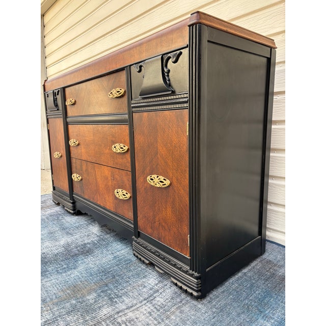 Wood Vintage Art Deco Waterfall Sideboard or Buffet Featuring Burl Wood Veneers, Black-Painted Accents, and Ornate Brass Hardware For Sale - Image 7 of 12