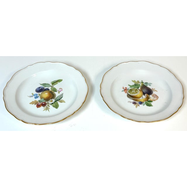 Arts & Crafts Pair 19th Century Meissen Hand-Painted Fruit Cabinet Plates Gilt Scalloped Edges For Sale - Image 3 of 11