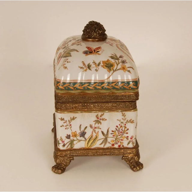 Metal Vintage Bronze-Mounted Porcelain Box with Hand-Painted Butterflies and Floral Decor, 1980s For Sale - Image 7 of 11