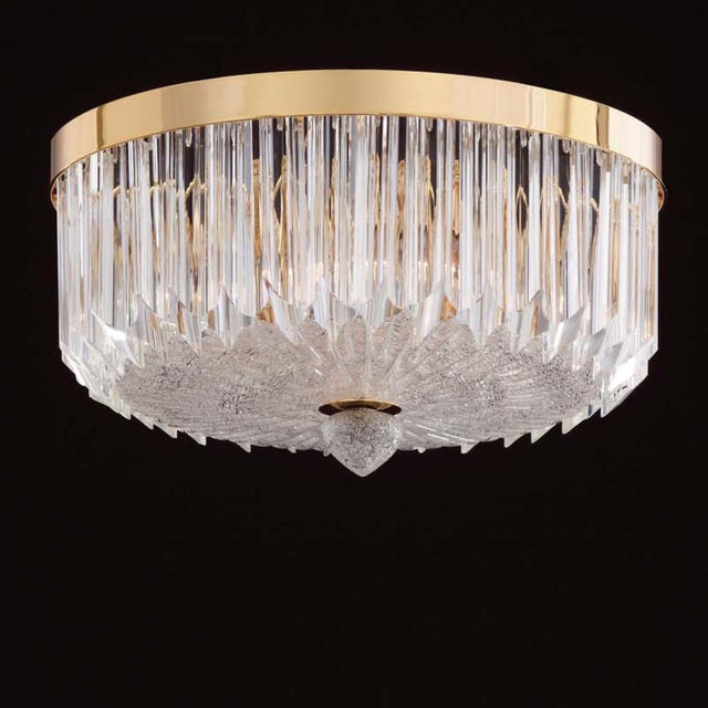 Italian modern flush mount with a round layer of clear Murano quadriedri glasses, enclosed with a clear bottom Murano...