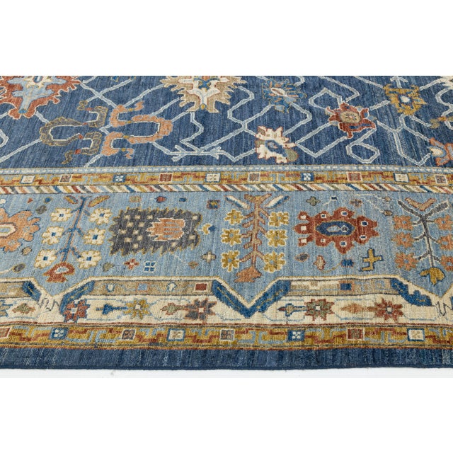 Textile 14x20 Hand-Knotted Modern Oushak Style Wool Rug in Indigo Blue & Earthy Motifs For Sale - Image 7 of 12