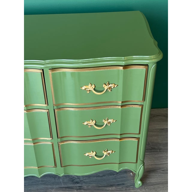 Late 20th Century Late 20th Century French Provincial Green Lacquered Dresser of Nine Drawers For Sale - Image 5 of 14