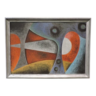 Framed Mid Century Modern Abstract Landscape Pastel Painting, Klee, Miro Style For Sale