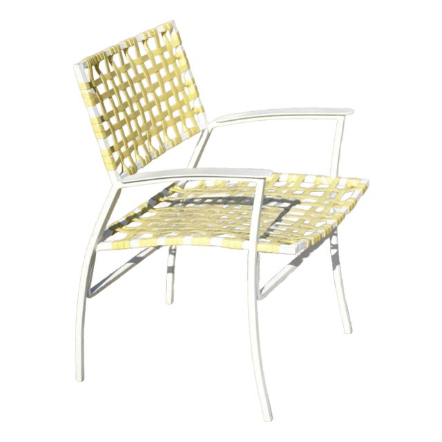 Mid 20th Century Medallion Aluminum Yellow Woven Vinyl Strap Patio Pool Lounge Chair For Sale