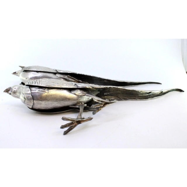 Metal Pheasants in Silver with Reliefs and Applications, Set of 2 For Sale - Image 7 of 11