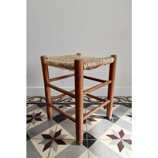 Beige Vintage Low Wooden Stool with Woven Straw Seat, 1980s For Sale - Image 8 of 8
