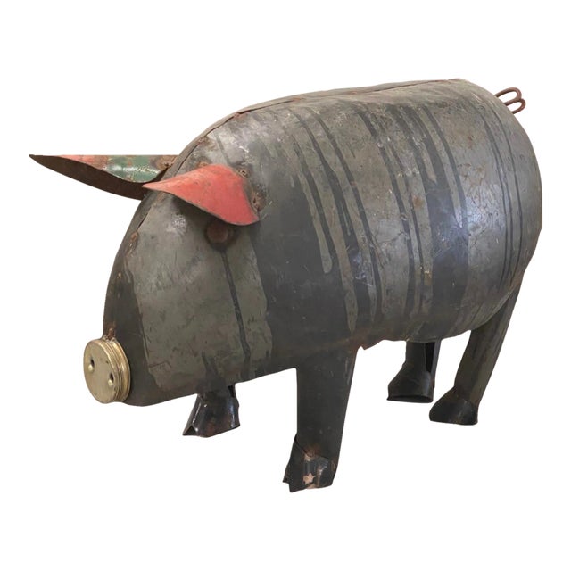 Vintage French Tole Pig Crafted W Old Metal Elements For Sale