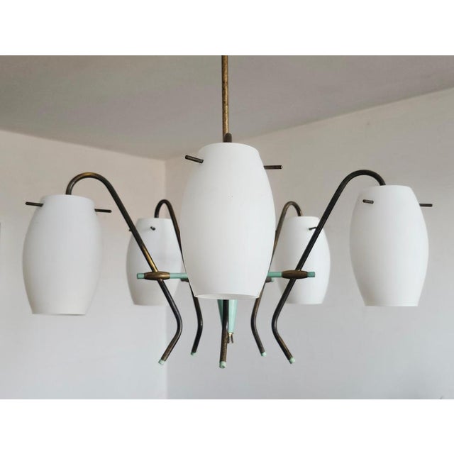 Green Mid-Century Opaline Glass and Brass Chandelier from Stilux Milano, 1950s For Sale - Image 8 of 14