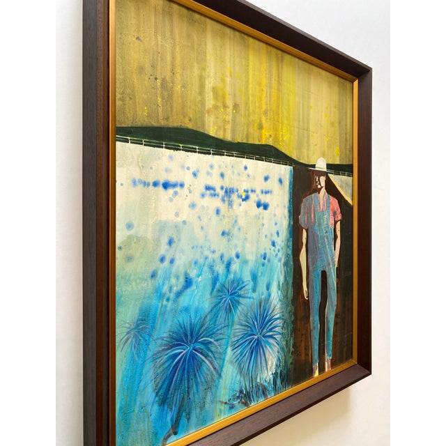 Cerulean Paul Bowen Vintage 1990's Provincetown Modernist " Untitled Blue Trees " Original Signed Framed Mixed Media Painting For Sale - Image 8 of 18