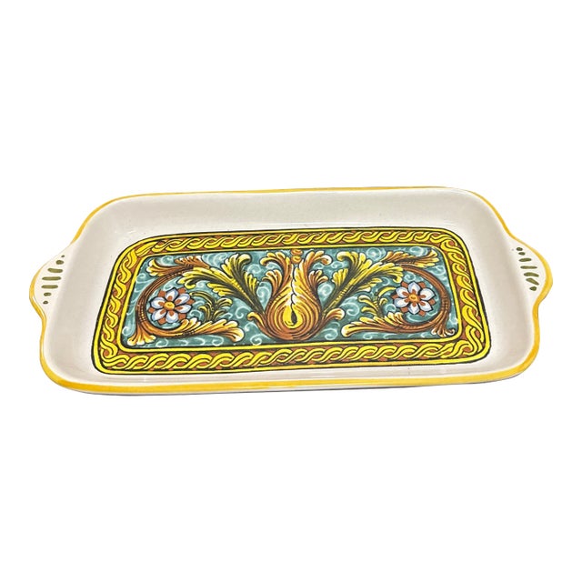 Nova Deruta Italian Ceramic Hand-Painted Rectangular Small Tray With Handles For Sale
