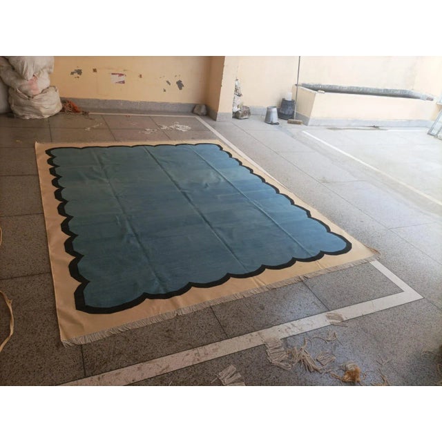 Handmade Cotton Scalloped Edge Rug, Teal Blue, Black and Cream Bordered Dhurrie- 12'x15' For Sale - Image 13 of 13