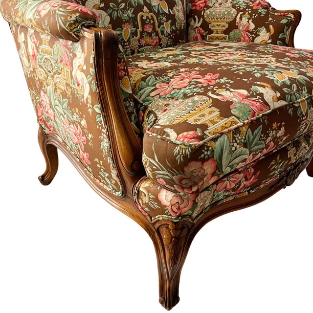 Chocolate Mid 20th Century Mocha Mousse Chinoiserie Upholstery Bergere Chairs - a Pair For Sale - Image 8 of 12
